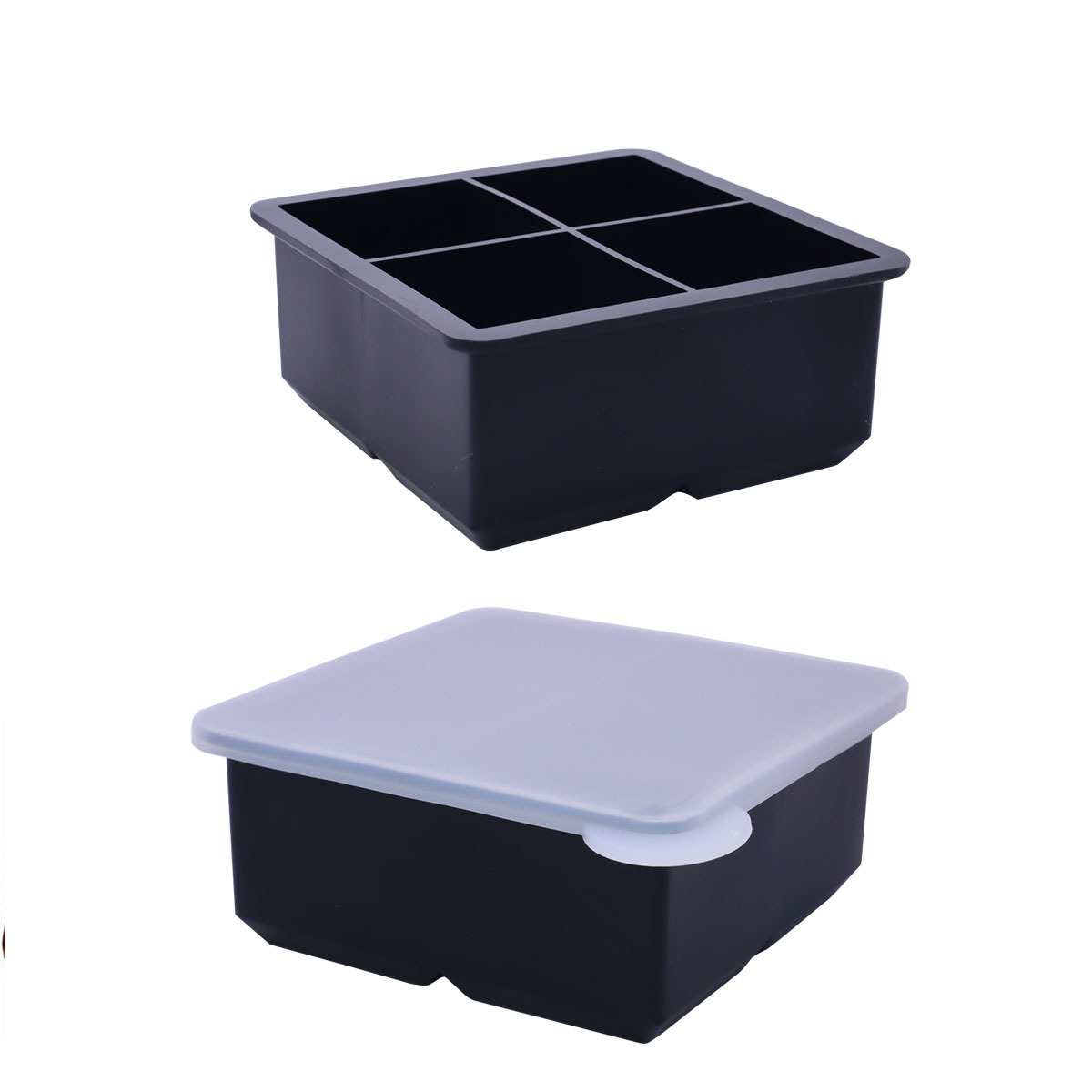Large Silicone Ice Cube Tray with Lid – 4 Big Square Grids for Whiskey, Cocktails, and Freezer Use
