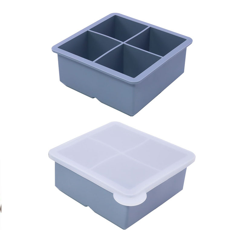 Large Silicone Ice Cube Tray with Lid – 4 Big Square Grids for Whiskey, Cocktails, and Freezer Use