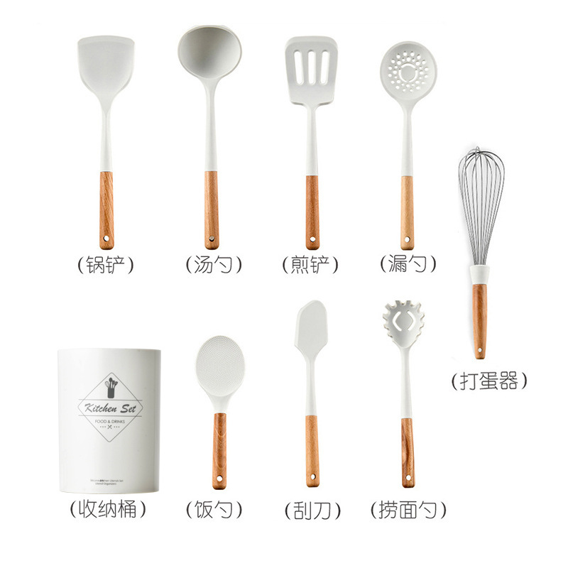 9-Piece Silicone Kitchen Utensil Set with Wooden Handle – Heat Resistant Nonstick Tools