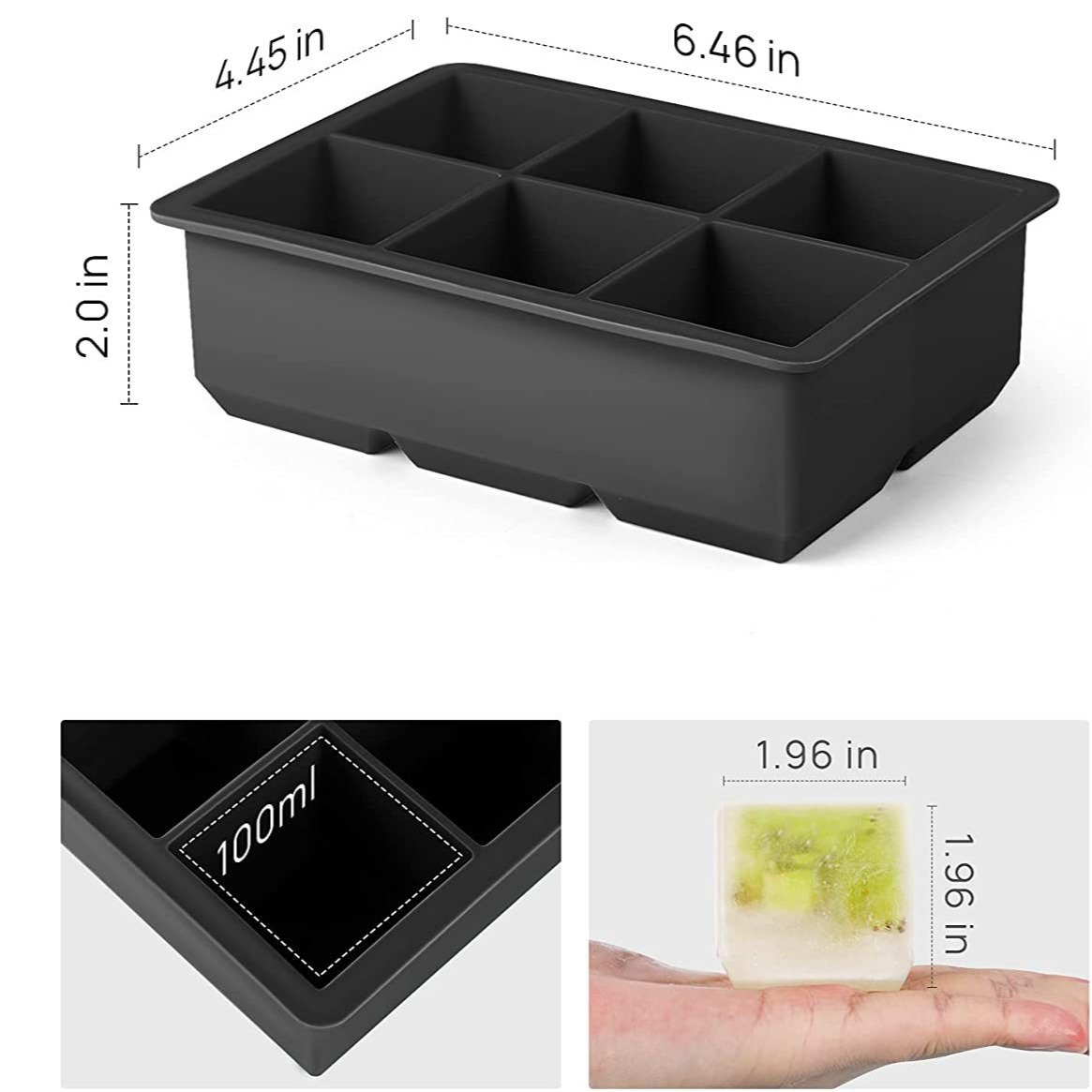 Large Silicone Ice Cube Tray with Lid – 6 Grid Whiskey Ice Mold for Cocktails & Beverages