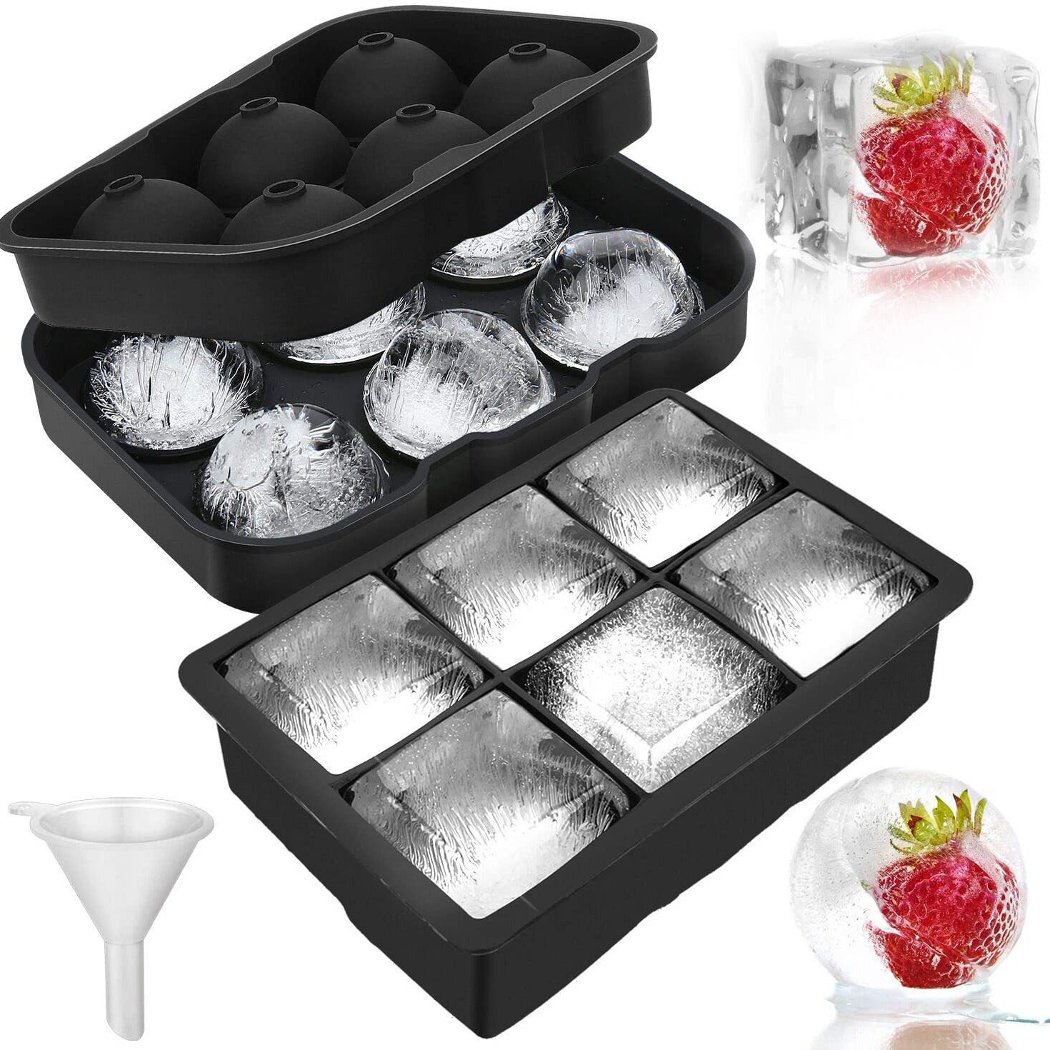 Silicone Ice Cube Tray Set – 6 Large Sphere & 6 Square Ice Molds with Funnel and Ice Tongs