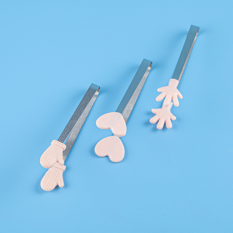 Mini Stainless Steel Sugar Tongs – Cute Cartoon Silicone Grips (Heart, Gloves, Hands)