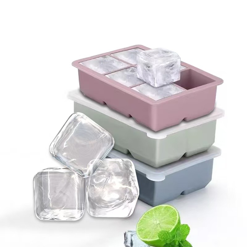 Large Silicone Ice Cube Tray with Lid – 6 Grid Whiskey Ice Mold for Cocktails & Beverages