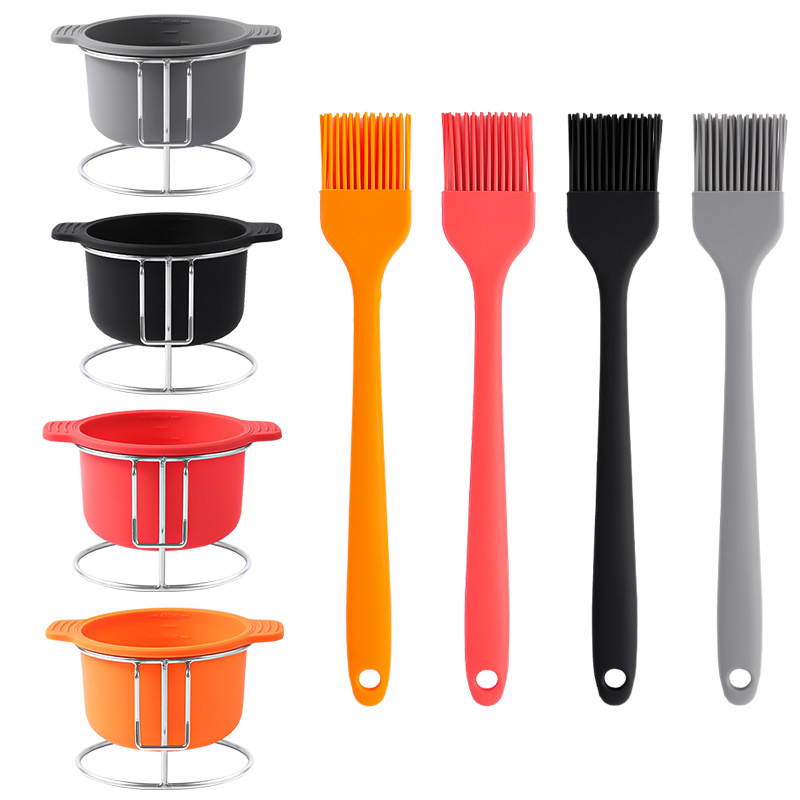 Silicone Basting Brush and Sauce Bowl Set – Heat-Resistant BBQ Marinade Tools with Stainless Steel Stand