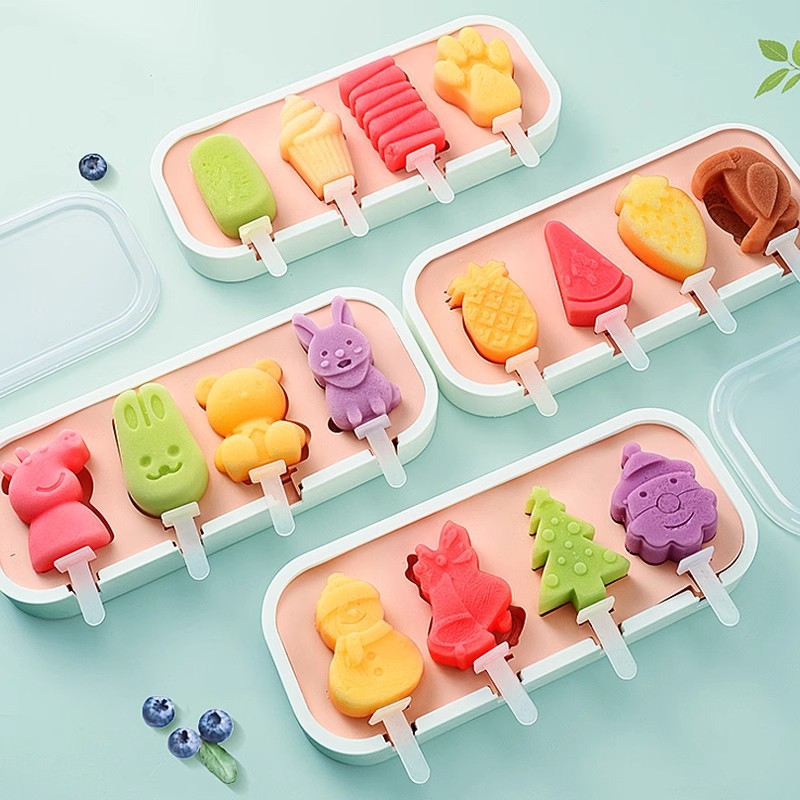 Creative Animal & Fruit Silicone Ice Cream Mold Set – 4 Cavities with Sticks
