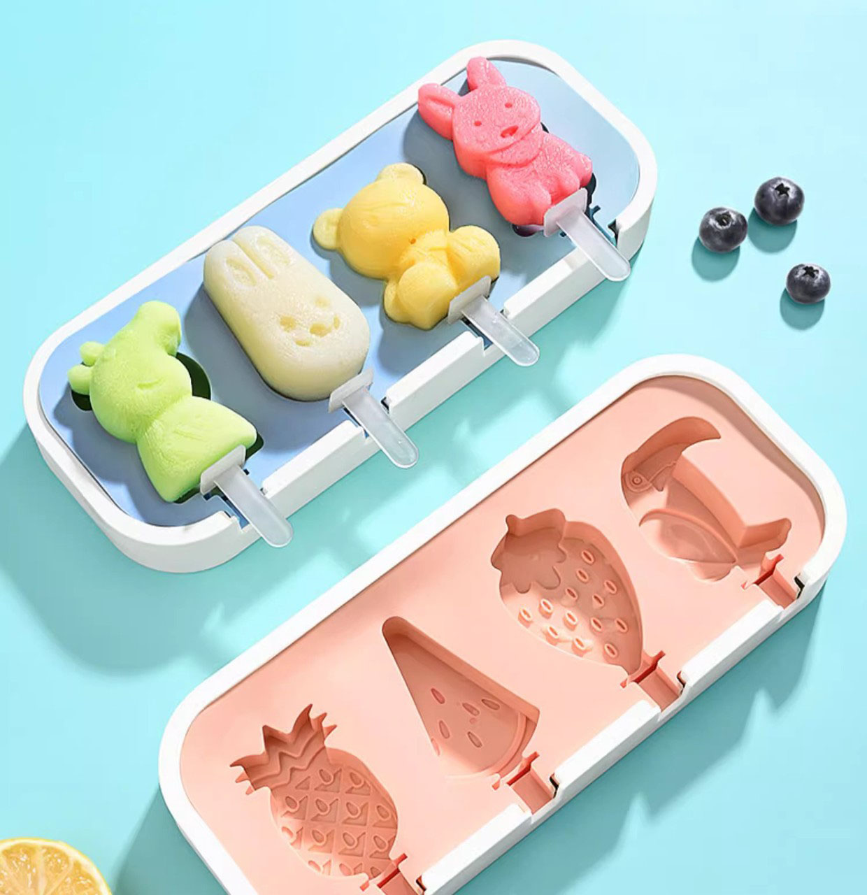 Creative Animal & Fruit Silicone Ice Cream Mold Set – 4 Cavities with Sticks