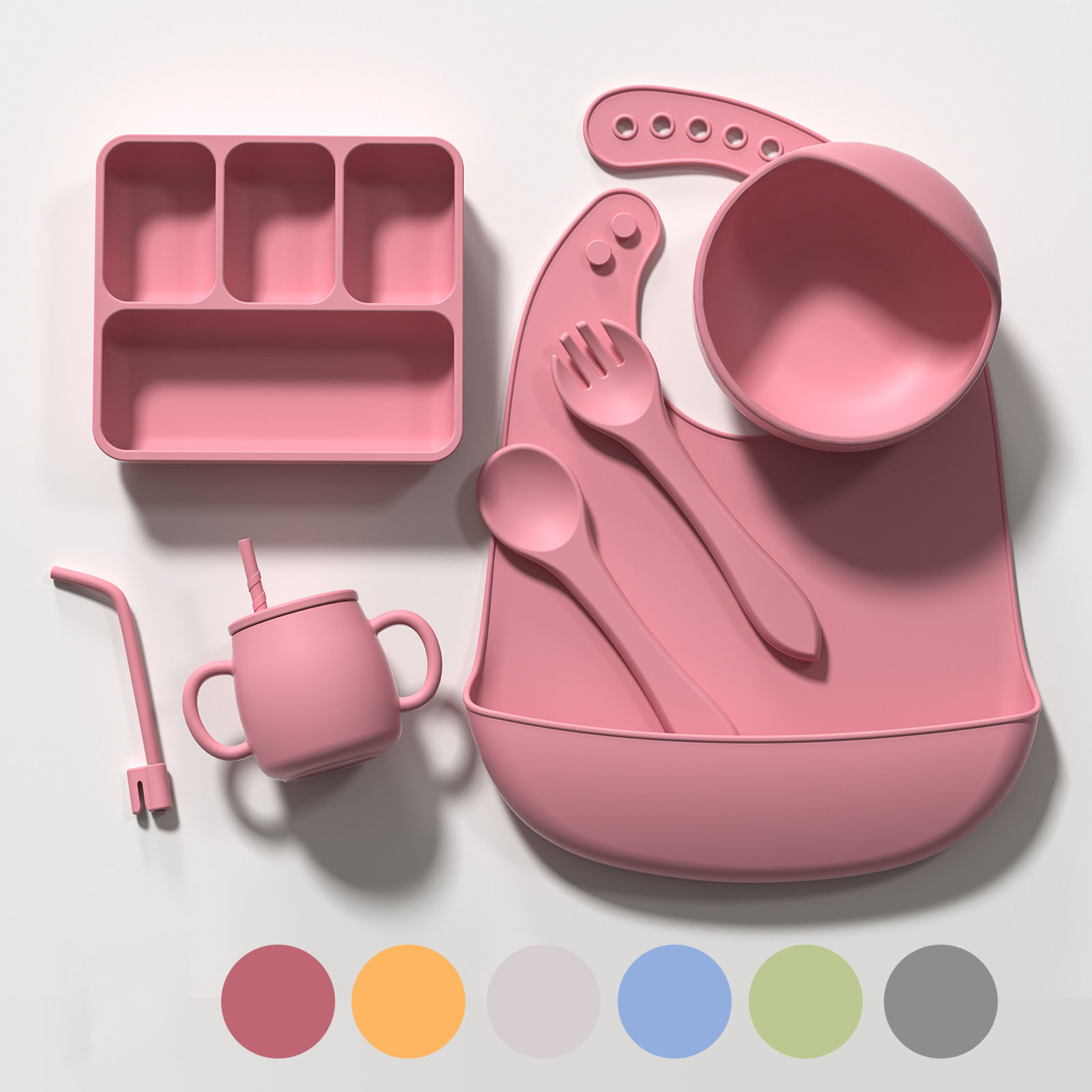 Baby Silicone Feeding Set – 7-Piece Toddler Dinnerware with Bib, Bowl, Plate, Cup, Spoon & Fork