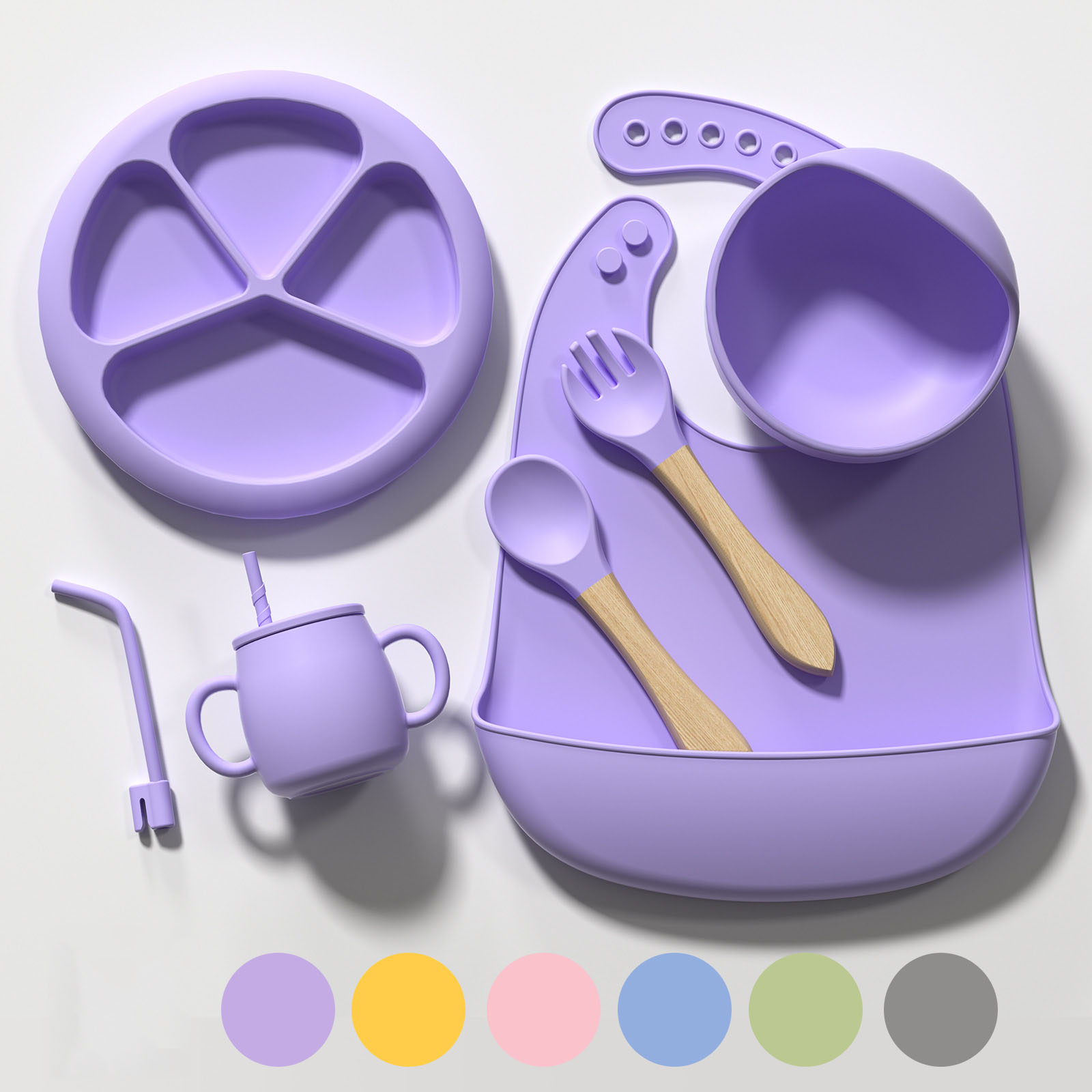Baby Silicone Feeding Set – 7-Piece Toddler Dinnerware with Bib, Bowl, Plate, Cup, Spoon & Fork