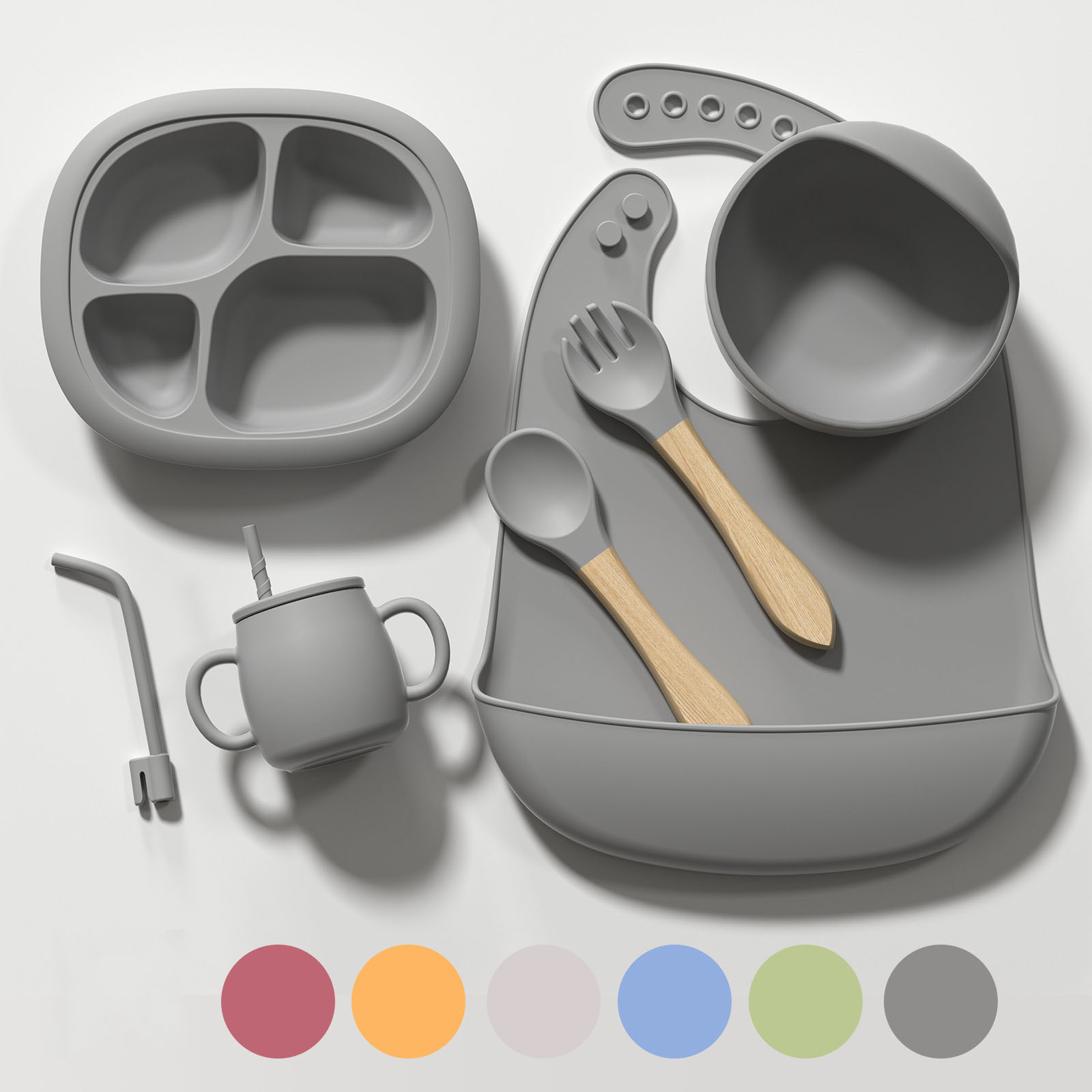 Baby Silicone Feeding Set – 7-Piece Toddler Dinnerware with Bib, Bowl, Plate, Cup, Spoon & Fork