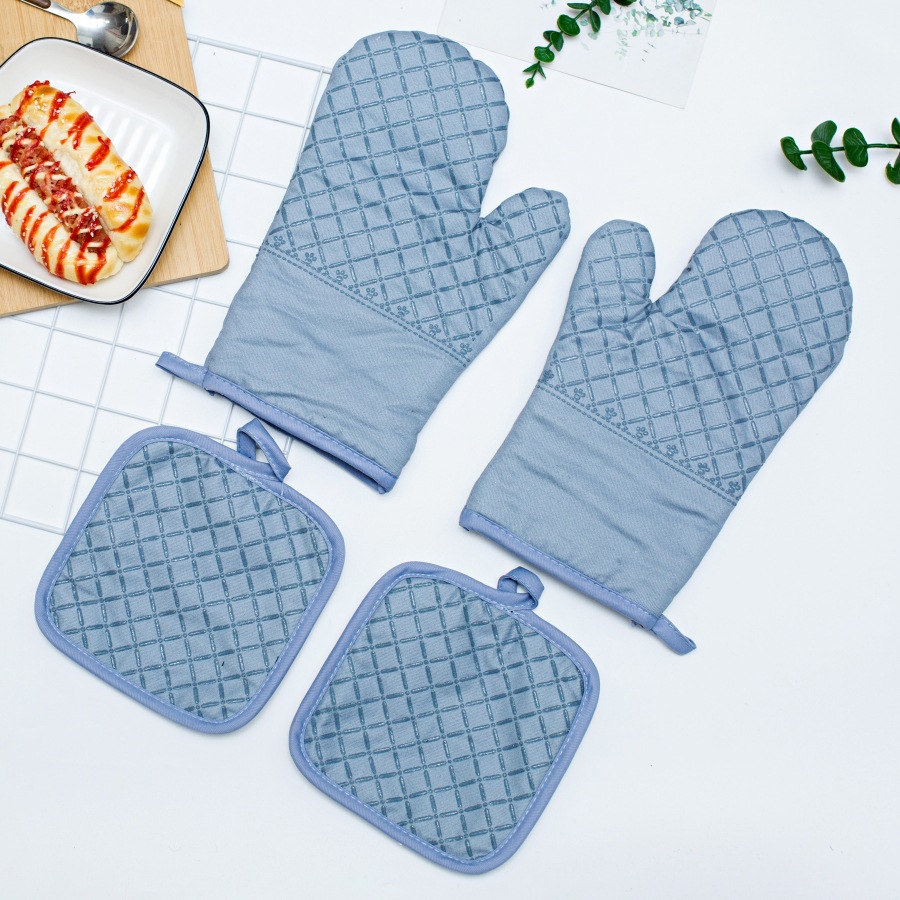 Heat Resistant Oven Mitts and Pot Holders Set – Quilted Cotton Kitchen Gloves, Black 4-Piece Set
