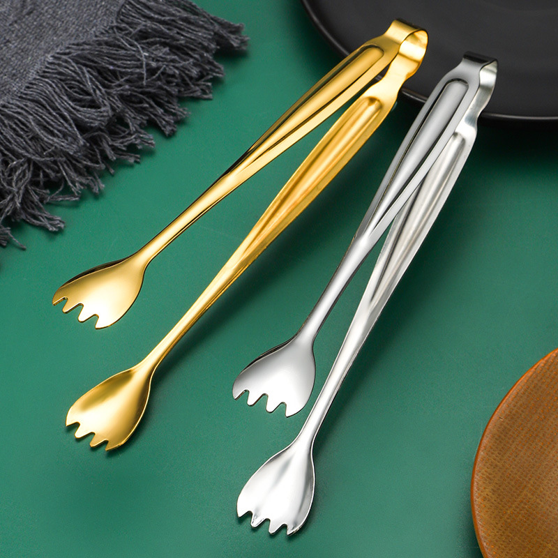 Stainless Steel Serving Tongs – Gold & Silver Salad Pasta Clip, Anti-Slip, Elegant Buffet Tongs