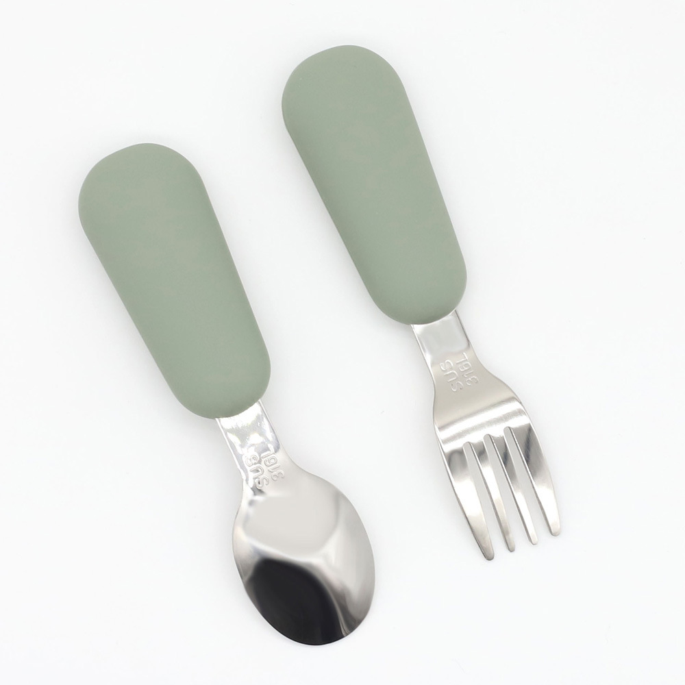Baby Stainless Steel Spoon and Fork Set – Toddler Feeding Utensils with Non-Slip Silicone Handle