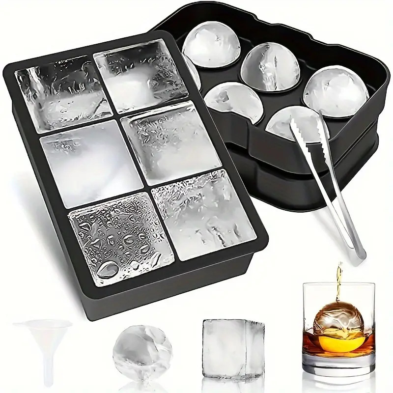 Silicone Ice Cube Tray Set – 6 Large Sphere & 6 Square Ice Molds with Funnel and Ice Tongs