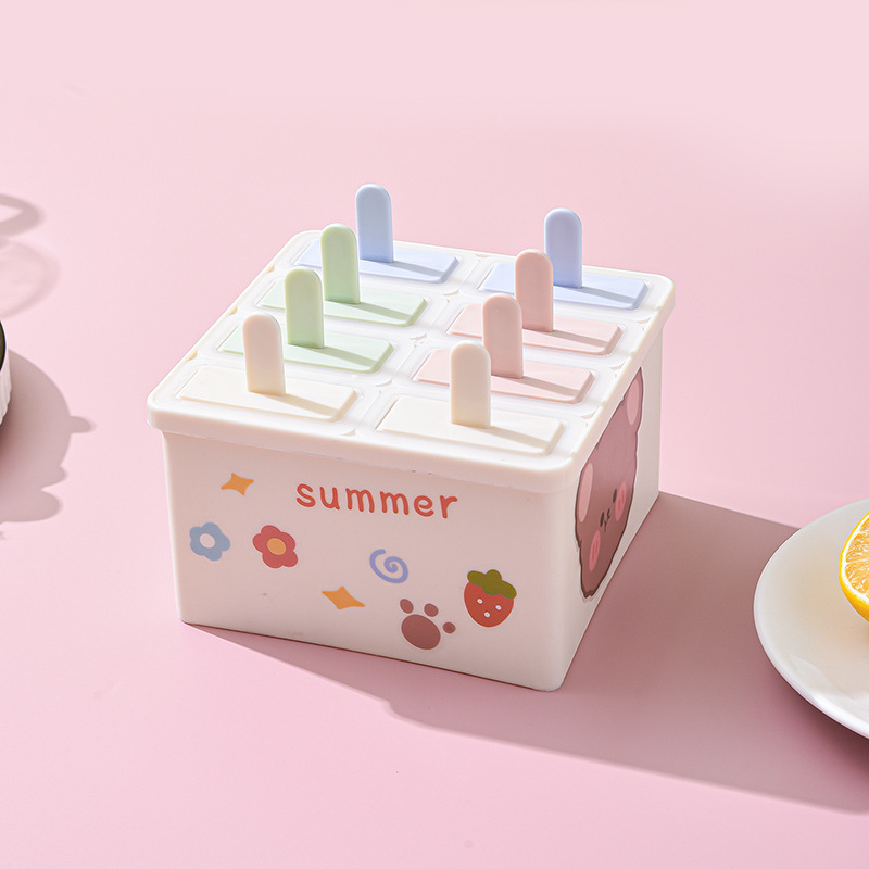 6-Grid Cartoon Popsicle Mold Box – Summer Ice Cream Maker with Colorful Handles