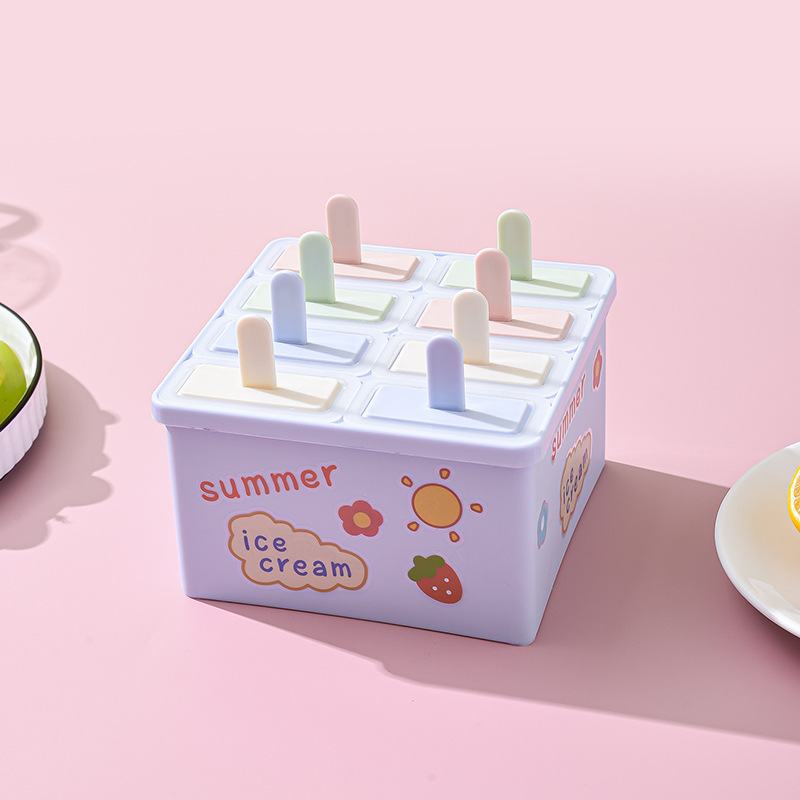 6-Grid Cartoon Popsicle Mold Box – Summer Ice Cream Maker with Colorful Handles