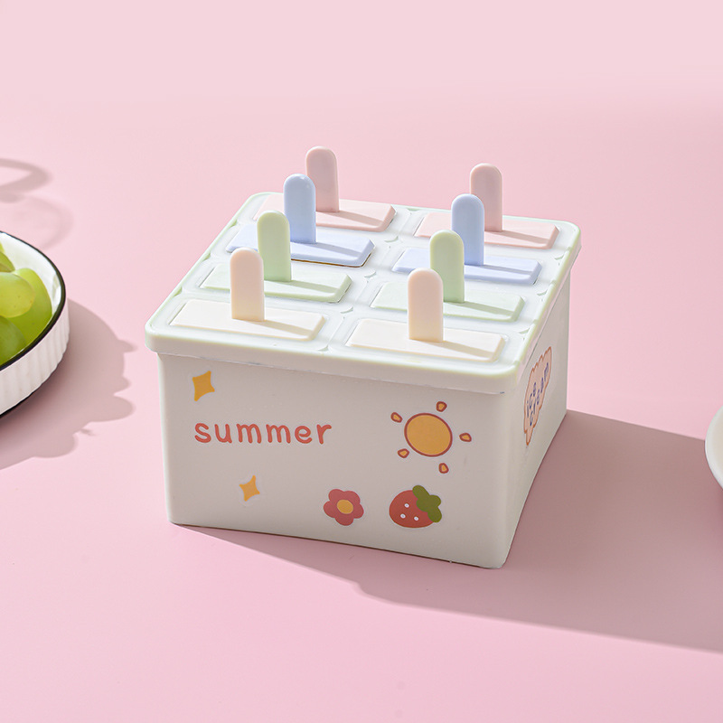6-Grid Cartoon Popsicle Mold Box – Summer Ice Cream Maker with Colorful Handles