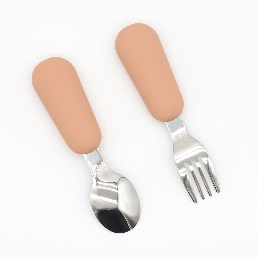 Baby Stainless Steel Spoon and Fork Set – Toddler Feeding Utensils with Non-Slip Silicone Handle