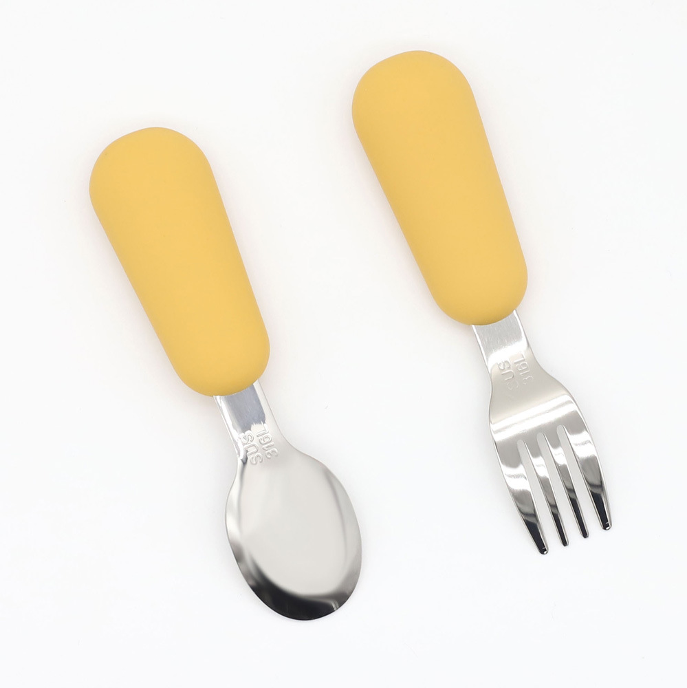 Baby Stainless Steel Spoon and Fork Set – Toddler Feeding Utensils with Non-Slip Silicone Handle