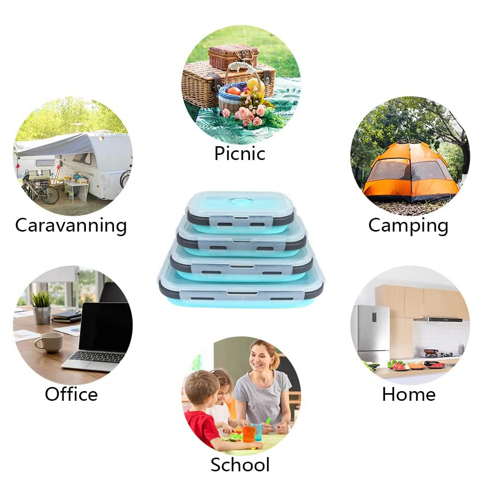 Collapsible Silicone Food Storage Containers with Lids – 4-Piece Stackable Lunch Box Set for Meal Prep & Travel