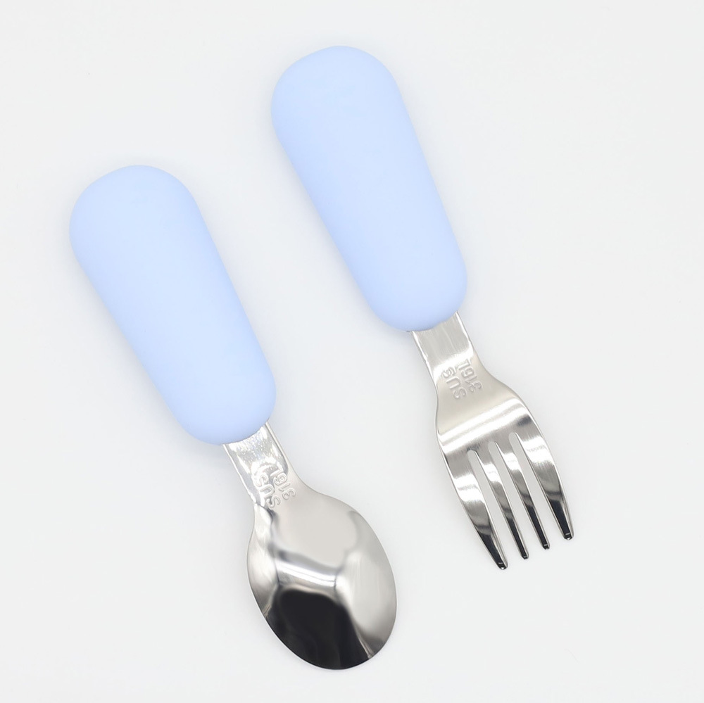 Baby Stainless Steel Spoon and Fork Set – Toddler Feeding Utensils with Non-Slip Silicone Handle