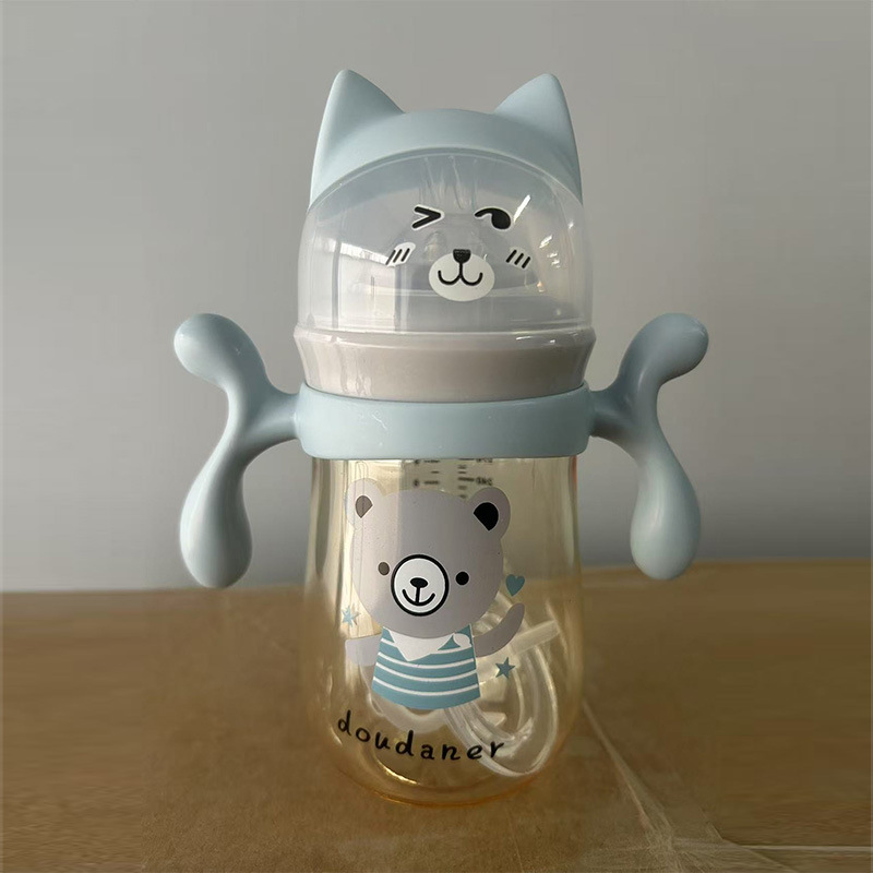 DOUDANER Baby Straw Cup – 300ml PPSU Anti-Colic Bottle with Cat Ears & Handles