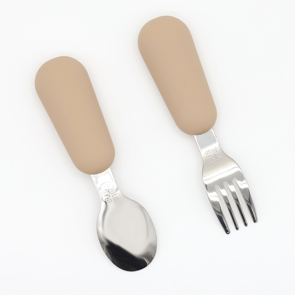 Baby Stainless Steel Spoon and Fork Set – Toddler Feeding Utensils with Non-Slip Silicone Handle