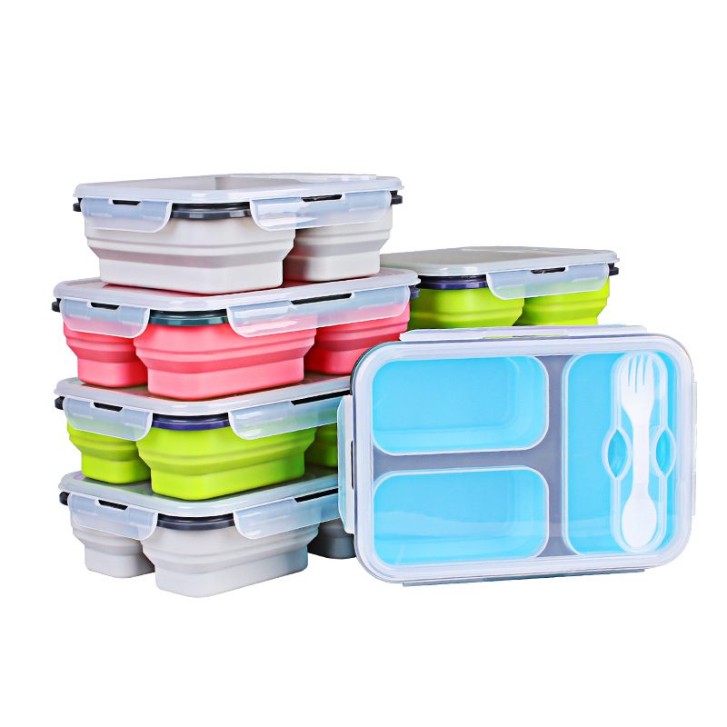 Collapsible Silicone Lunch Box – 3-Compartment Bento Food Container with Lid & Utensils