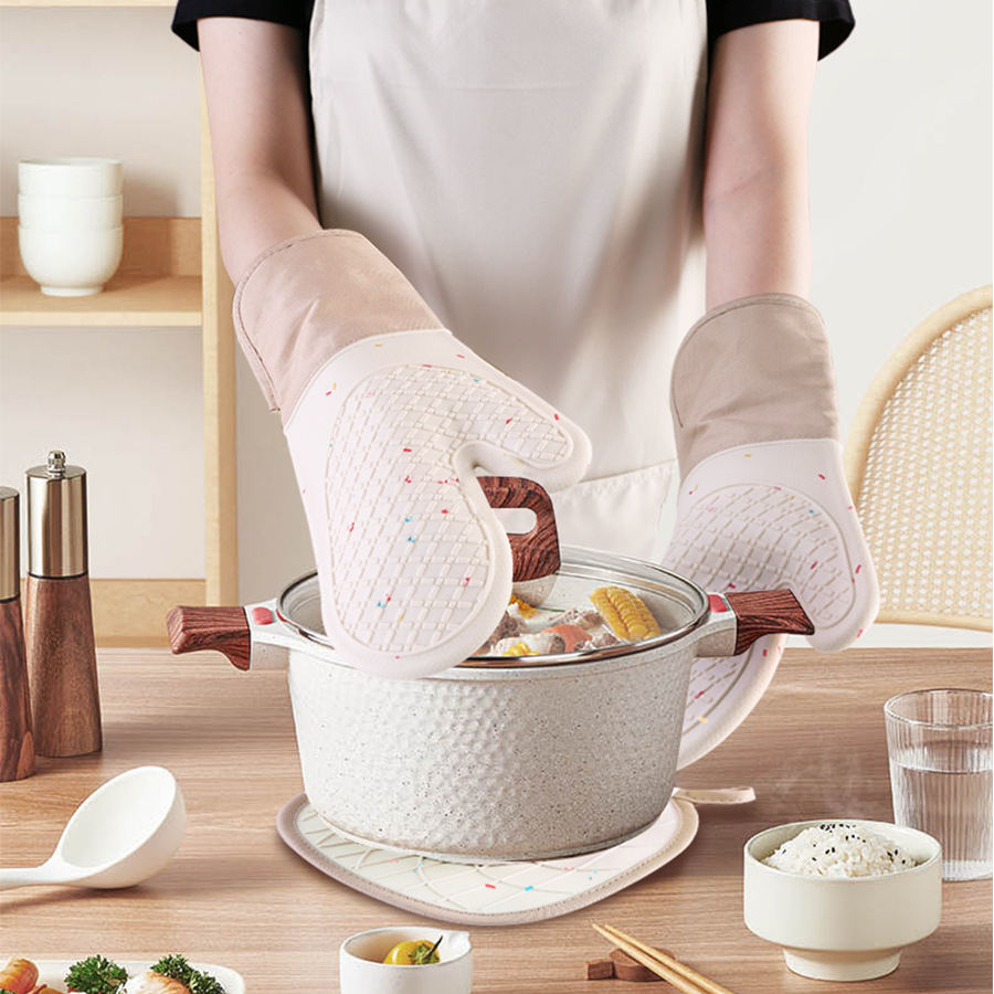 Silicone Oven Mitt & Pot Holder Set – Heat Resistant Non-Slip Kitchen Gloves for Baking & BBQ
