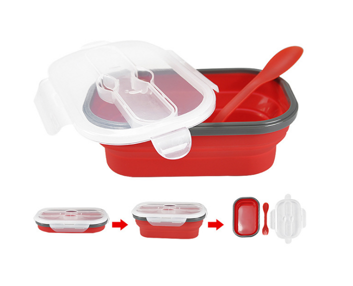 Collapsible Silicone Lunch Box with Lid and Spork – Bento Food Storage Container
