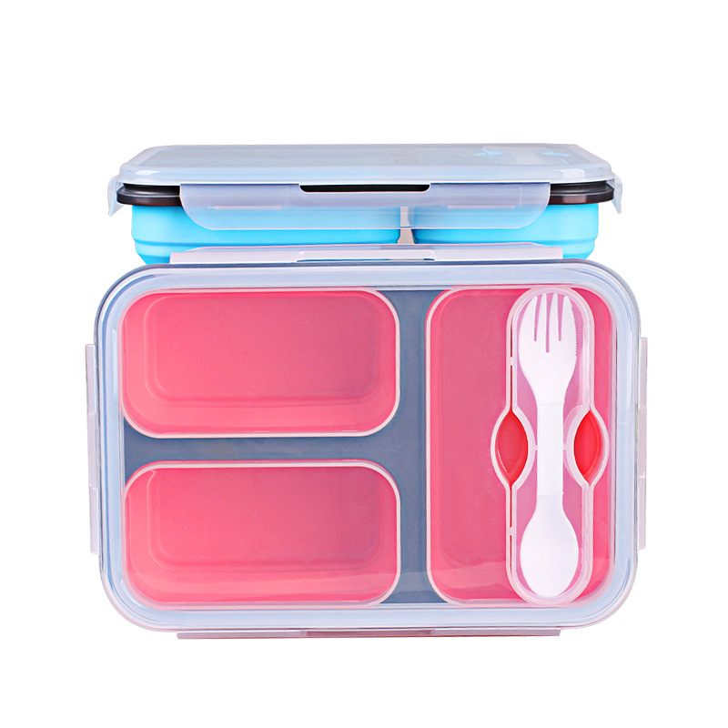 Collapsible Silicone Lunch Box – 3-Compartment Bento Food Container with Lid & Utensils