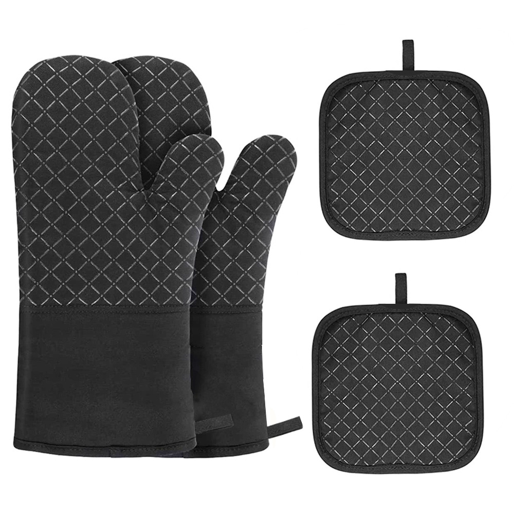 Heat Resistant Oven Mitts and Pot Holders Set – Quilted Cotton Kitchen Gloves, Black 4-Piece Set