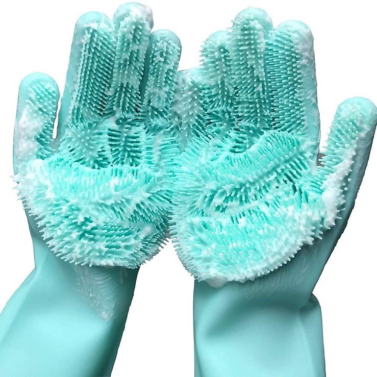 Reusable Silicone Dishwashing Gloves with Scrubbing Bristles – Heat Resistant Cleaning Gloves for Kitchen & Pet Bath