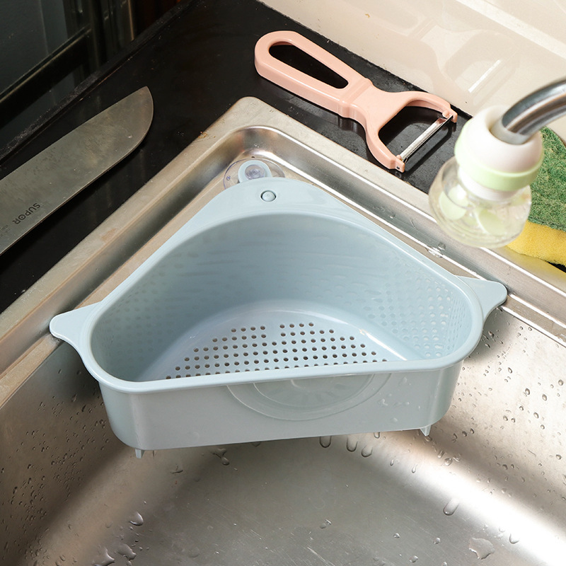 Triangle Sink Corner Storage Rack – Wall-Mounted Strainer Basket with Suction Cup