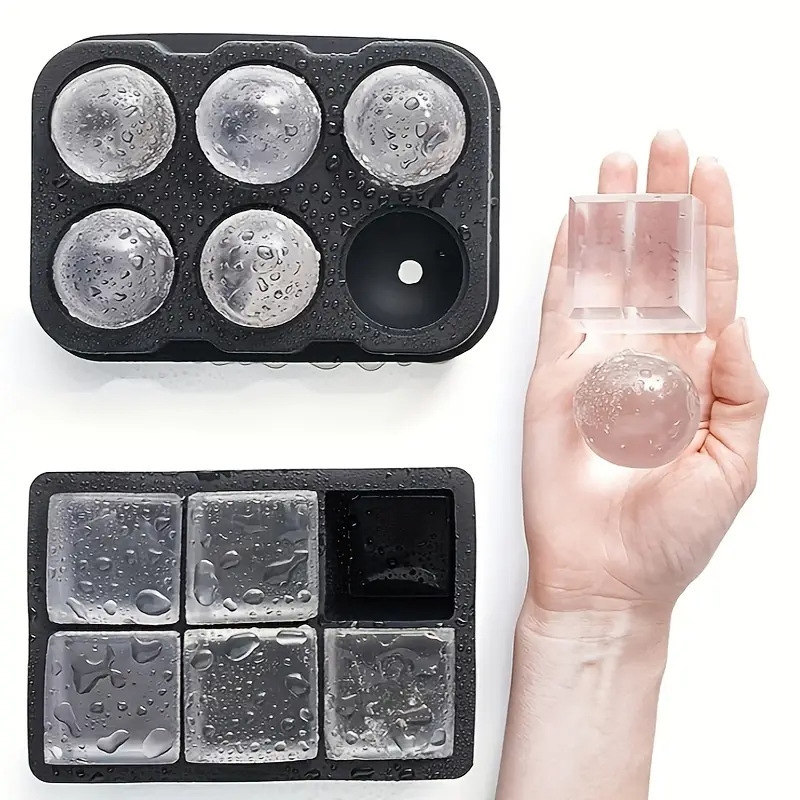 Silicone Ice Cube Tray Set – 6 Large Sphere & 6 Square Ice Molds with Funnel and Ice Tongs