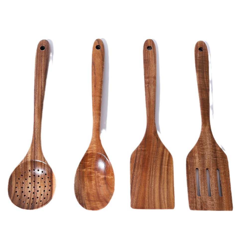 Natural Wooden Cooking Utensils Set – 4-Piece Nonstick Kitchen Spoon & Spatula Tools