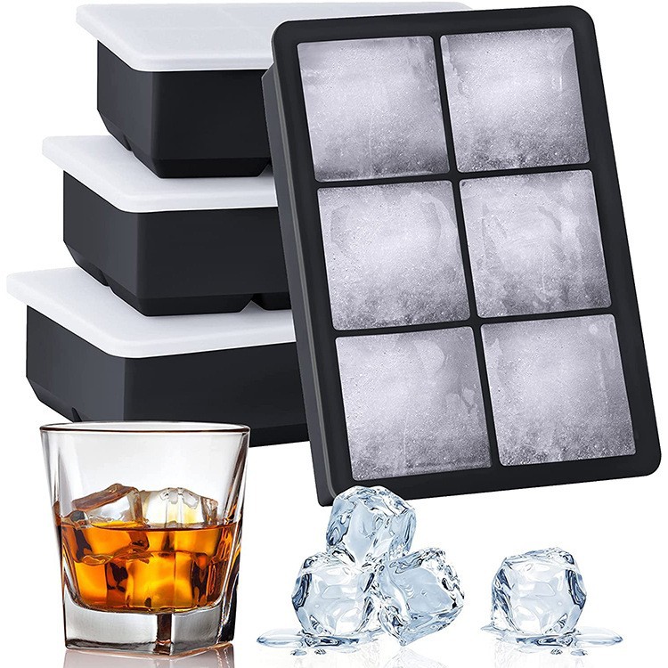 Large Silicone Ice Cube Tray with Lid – 6 Grid Whiskey Ice Mold for Cocktails & Beverages